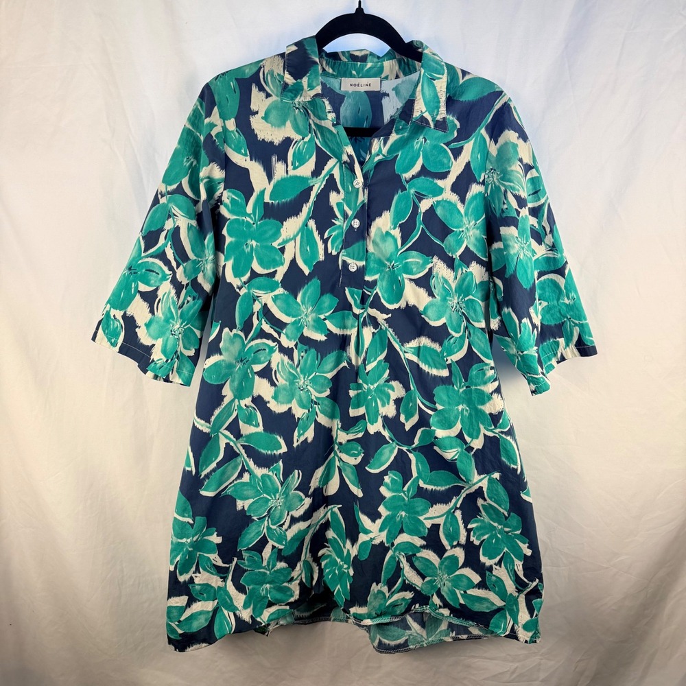 Noeline Paris‎ Blue Green Floral Shirt Dress A-Line Button Front Pockets Boho